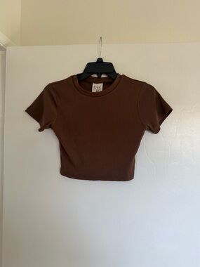Ribbed Brown Crop Top with Crew Neck